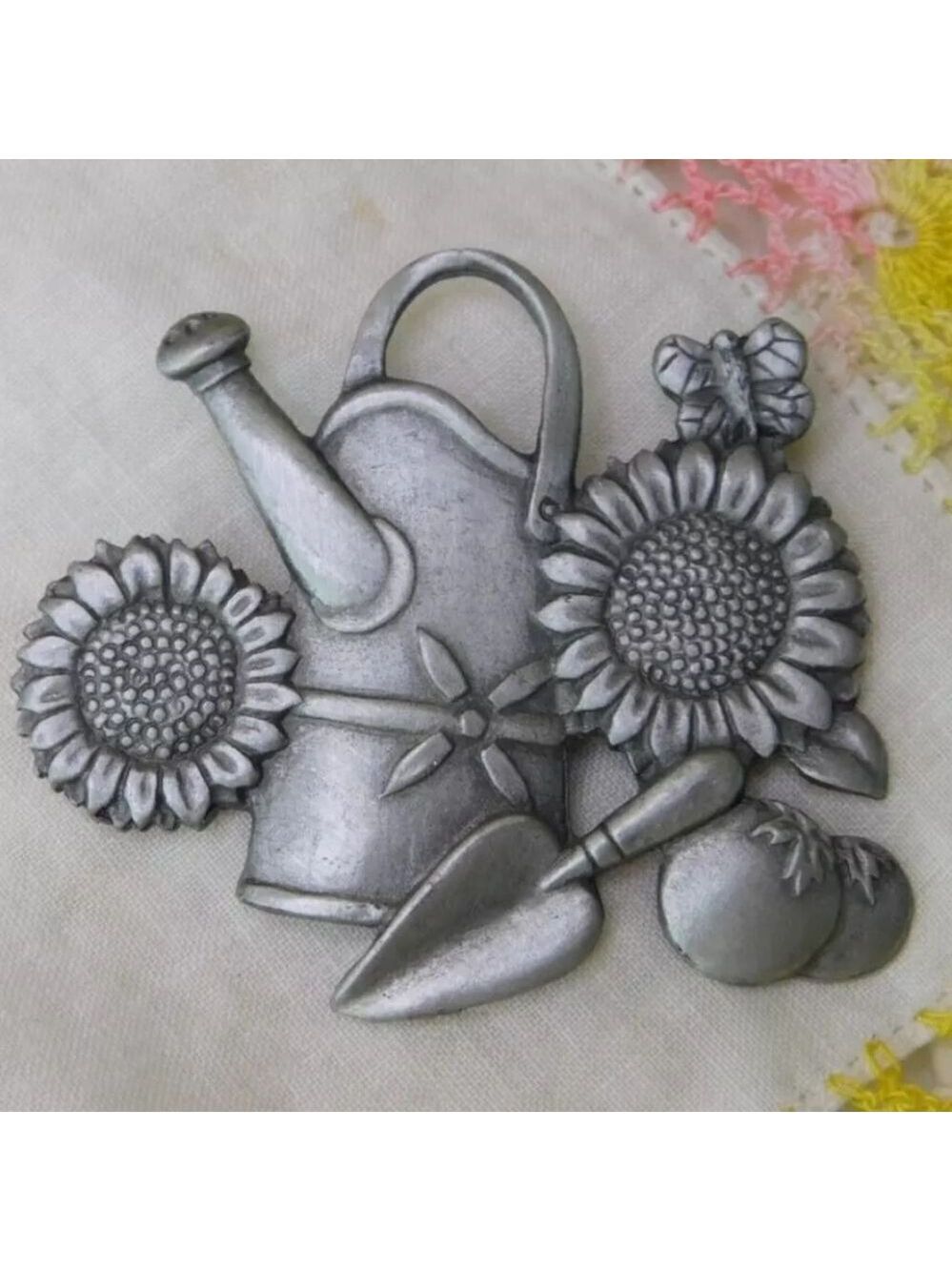 Spoontique Pewter USA 4133 Water Pitcher Flowers Brooch Vintage Signed Pin